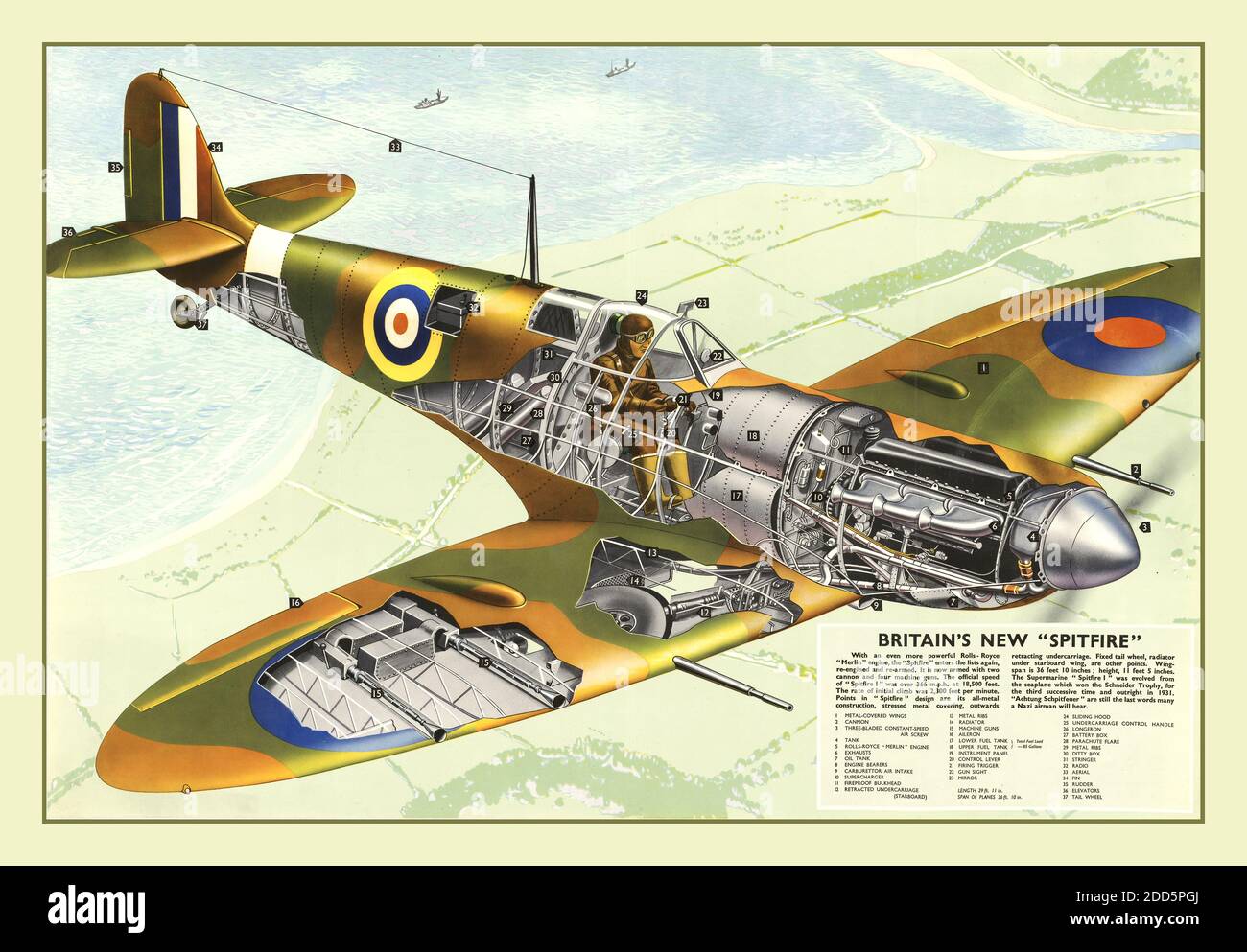 SPITFIRE Cutaway Illustration Vintage WK2 Propaganda Poster Britisches Plakat zum Zweiten Weltkrieg 'Britain's New Spitfire'. Abbildung zeigt einen Spitfire Mark VB. 1940 Schlacht von Großbritannien RAF Stockfoto