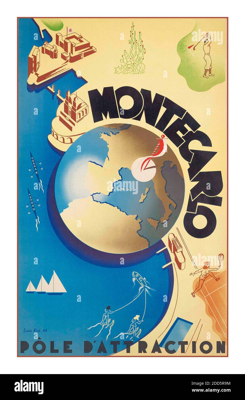 Reiseposter Monte CARLO MONACO PÔLE D'ATTRACTION Lithographie in Farben, 1948, gedruckt von Monégasque, Monte-Carlo, Design von Louis Rue Stockfoto
