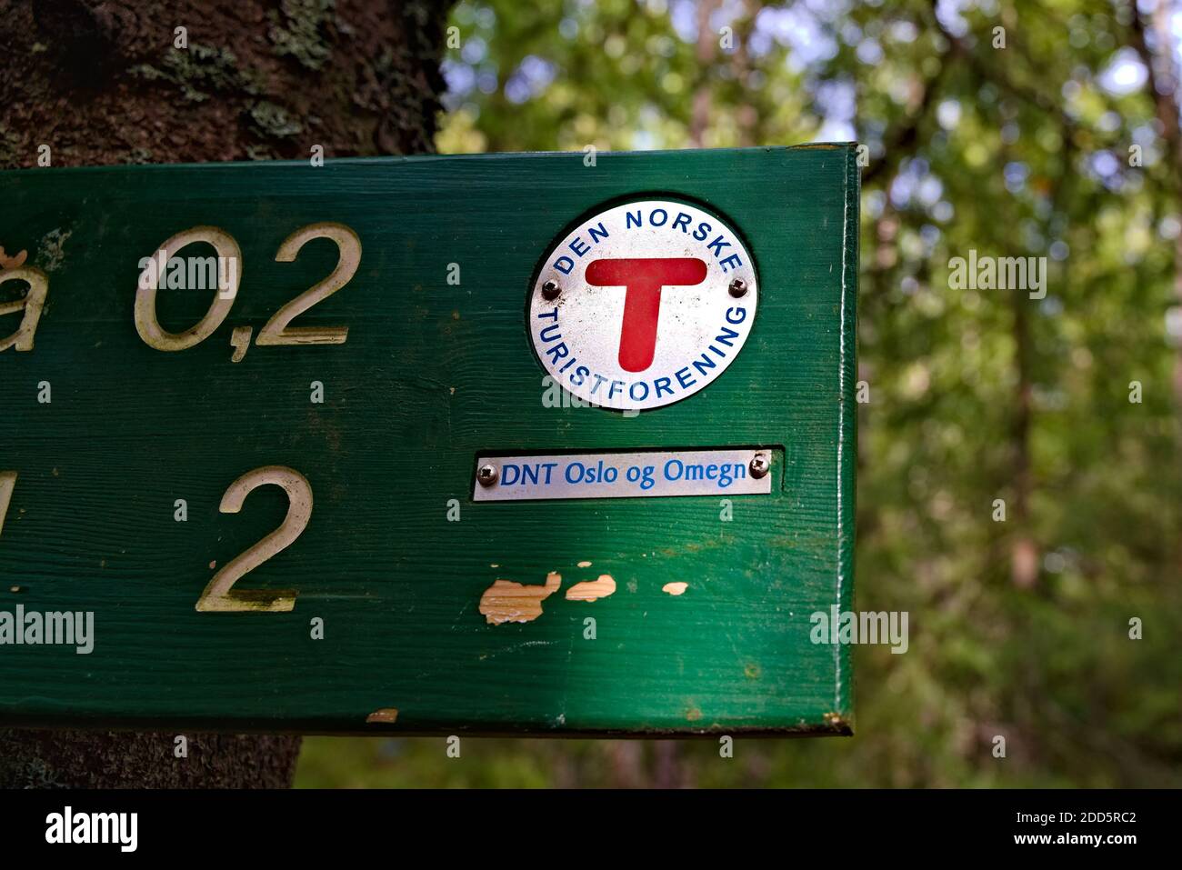 Logo des Norwegischen Wandervereins auf einem Wegweiser im Wald. . Hochwertige Fotos Stockfoto