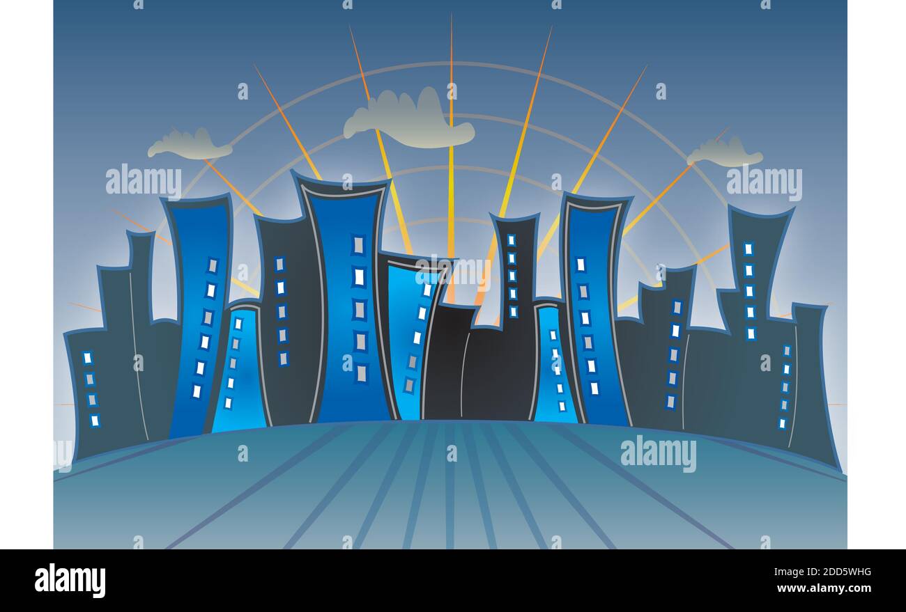 Skyline der Stadt bei Nacht mit Sonnenuntergang - Illustration in Blau Farben Stock Vektor