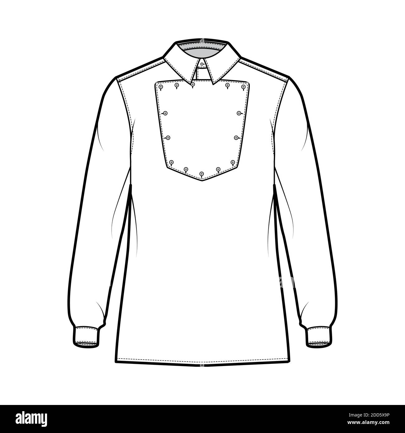 Shirt Kavallerie Officer technische Mode Illustration mit Lätzchen, lange Ärmel, Relax fit, klassischen Kragen. Flache Wildwest-Stil Vorlage vorne, weiße Farbe. Frauen Männer top CAD Mockup Stock Vektor