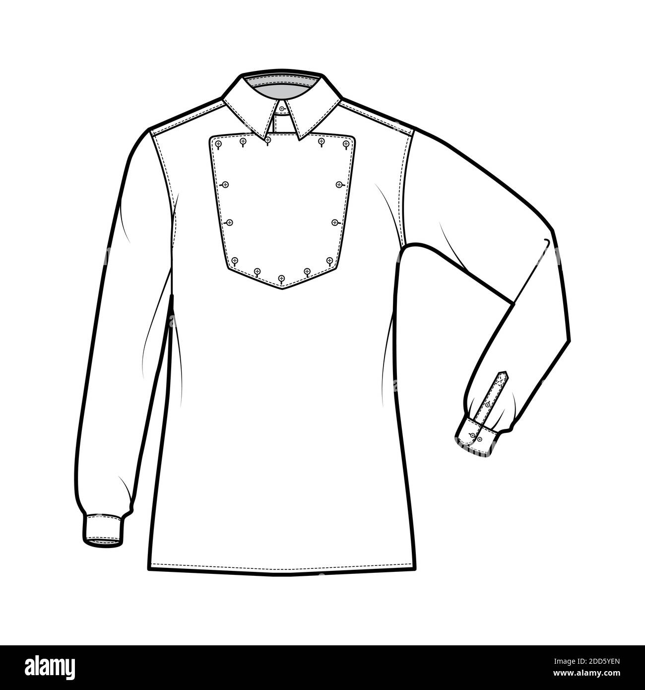 Shirt Kavallerie Officer technische Mode Illustration mit Lätzchen, Ellenbogen falten lange Ärmel, Relax fit, klassischen Kragen. Flache Wildwest-Stil Vorlage vorne, weiße Farbe. Frauen Männer top CAD Mockup Stock Vektor