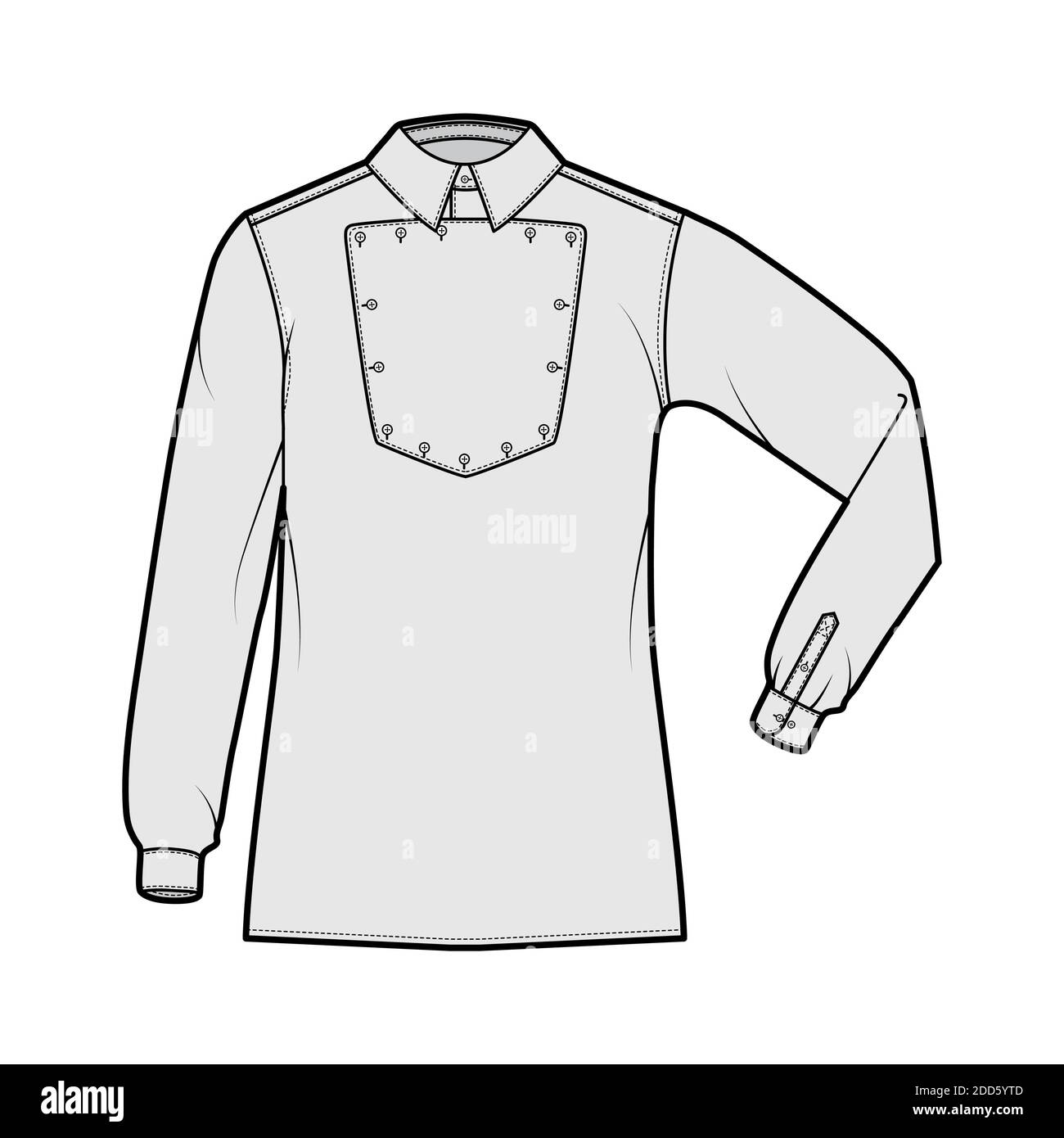 Shirt Kavallerie Officer technische Mode Illustration mit Lätzchen, Ellenbogen falten lange Ärmel, Relax fit, klassischen Kragen. Flat Wild West Stil Schablone vorne, grau Farbe. Frauen Männer top CAD Mockup Stock Vektor