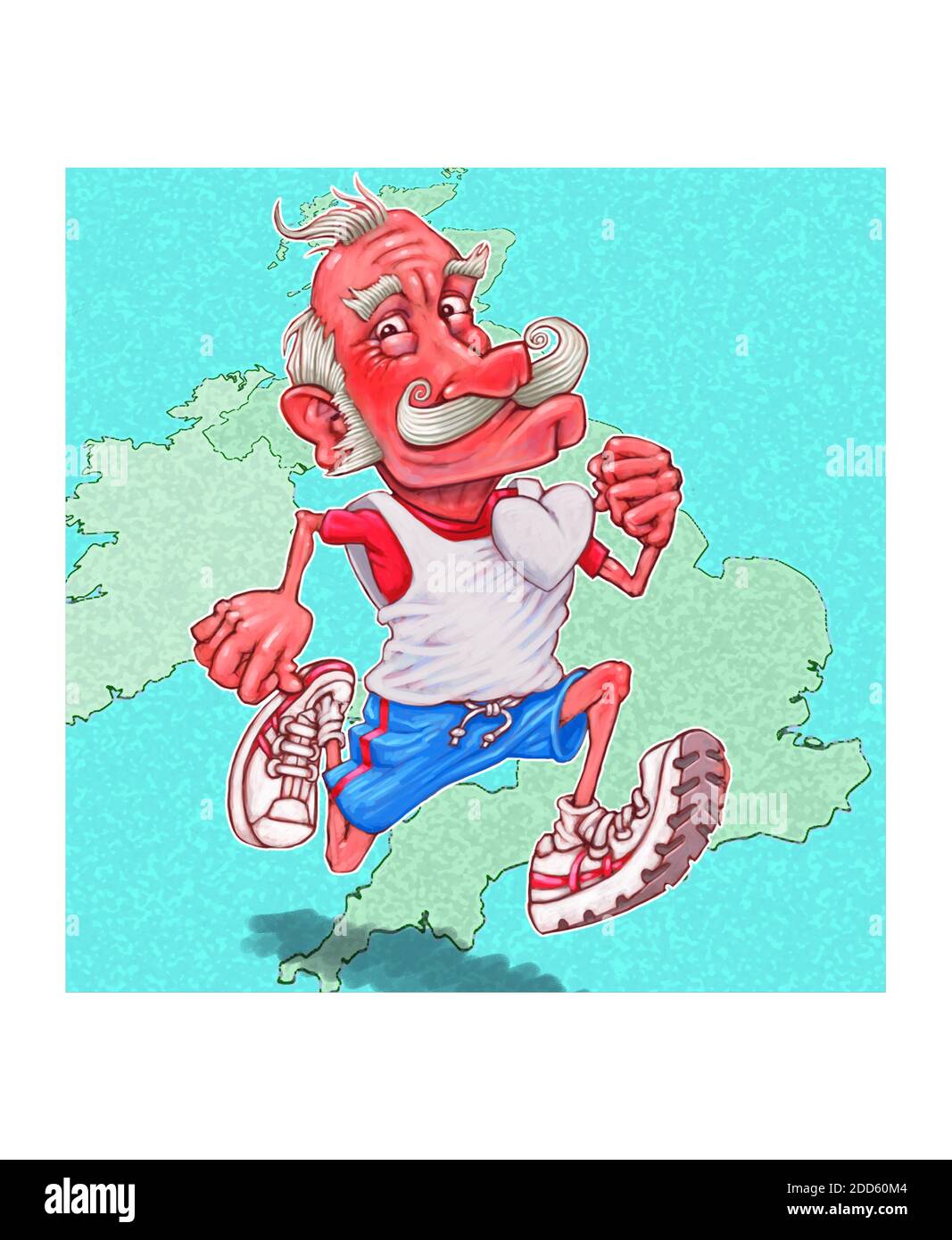 Kunstwerk Illustration von reifen stilvollen Jogger läuft über ein Stilisierte Karte, die Großbritannien darstellt, wird fit in Reaktion auf Herzgesundheit Lockdown Covid-19 Stockfoto