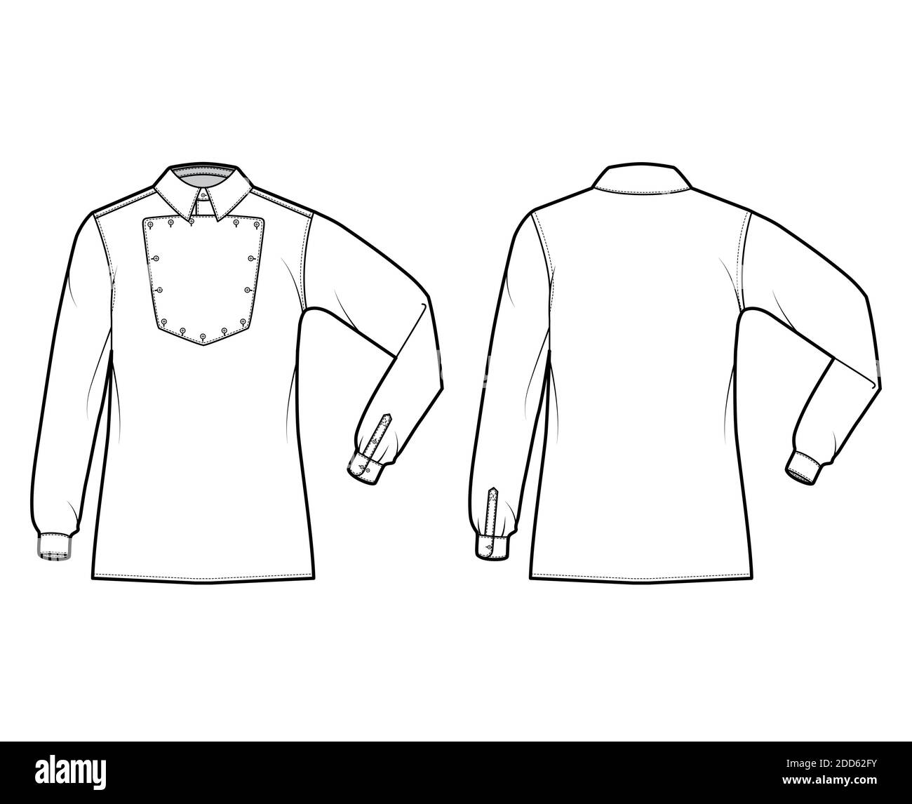 Shirt Kavallerie Officer technische Mode Illustration mit Lätzchen, Ellenbogen falten lange Ärmel, Relax fit, klassischen Kragen. Flat Wild West Stil Vorlage vorne, hinten weiße Farbe. Frauen Männer top CAD Mockup Stock Vektor