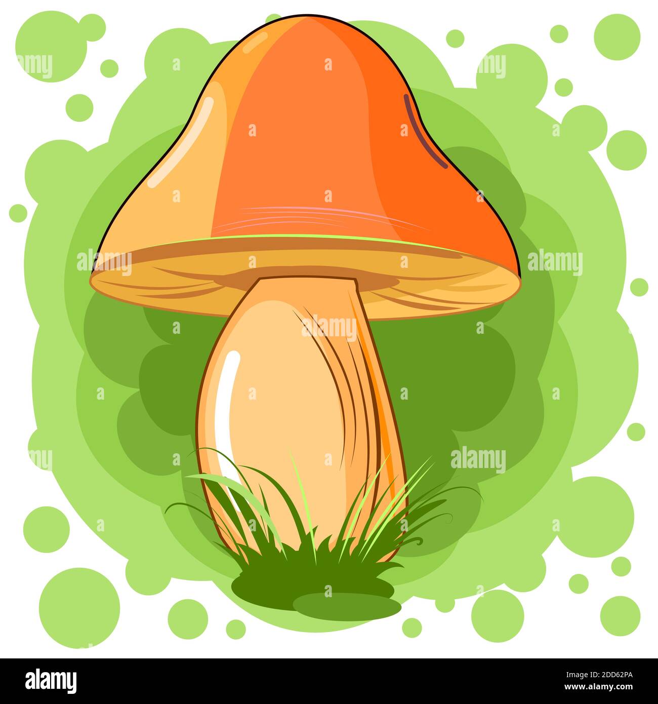 Oranger Pilz auf abstraktem Hintergrund. Bild. Isoliert auf weiß. Flacher Cartoon-Stil. Schöner kleiner Waldpilz im Gras. Stockfoto