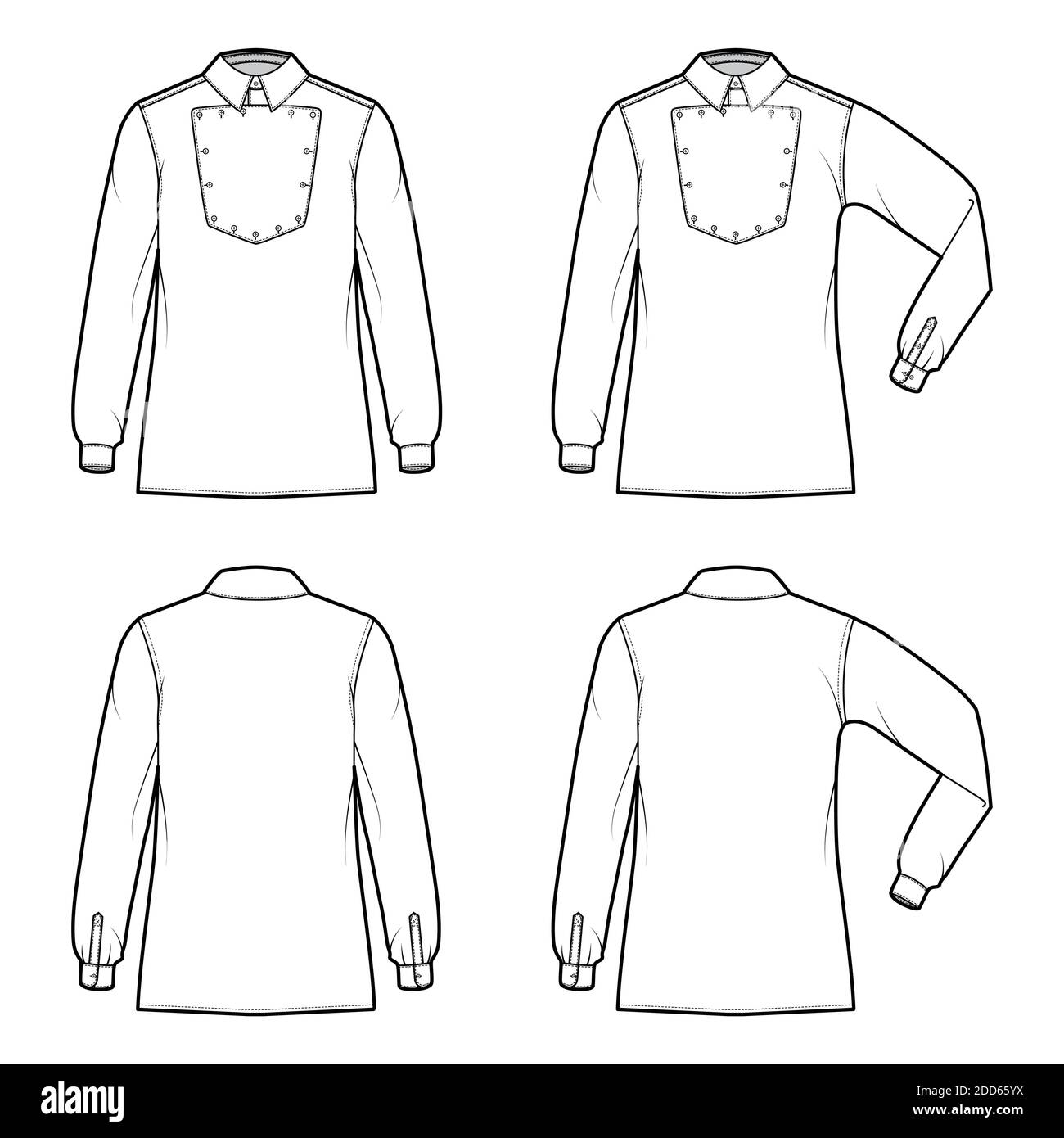 Set von Shirt Kavallerie Officer technische Mode Illustration mit Lätzchen, Ellbogenfalte lange Ärmel, Relax-Passform, klassischen Kragen. Flat Wild West Stil Vorlage vorne zurück weiße Farbe. Frauen Männer top CAD Mockup Stock Vektor