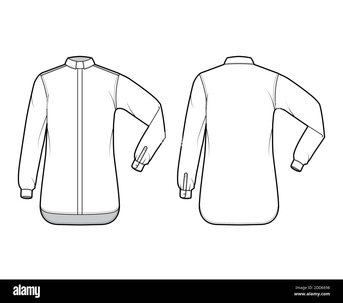 Shirt Klerus technische Mode Illustration mit Ellbogenfalte lange Ärmel, Relax fit, verdeckte Button-Down, Tab Kragen. Flache Schablone vorne, Rückseite weiß Farbe. Damen Herren Unisex TOP CAD Mockup Stock Vektor