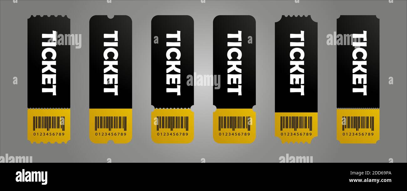 Set von schwarzen und goldenen Tickets. Ticket-Vorlagen. Perfekt für Kino, Fitnessstudio, Festival, private Feiern und andere lustige Aktivitäten und Veranstaltungen! Stock Vektor