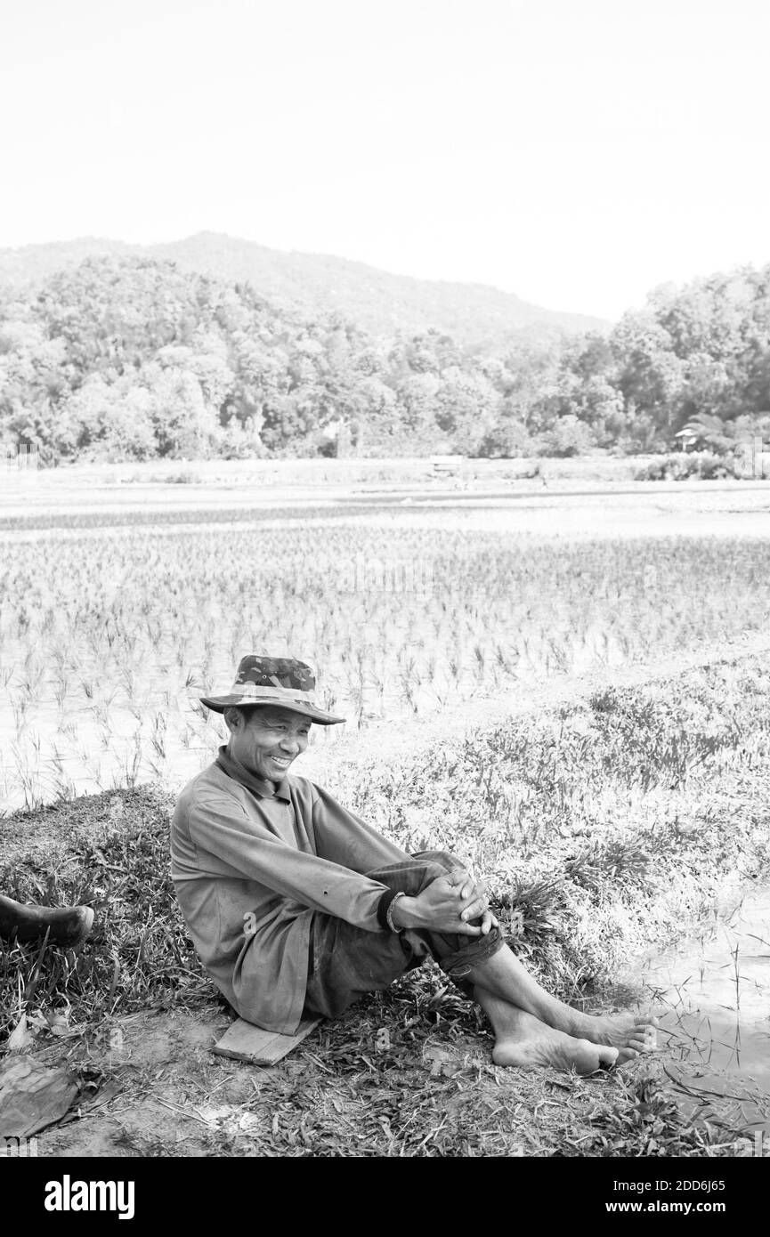 Schwarz-Weiß-Porträt eines Mannes, der nach dem Pflanzen von Reis in Reisfeldern rund um Chiang Rai, Thailand, Südostasien, ruht Stockfoto