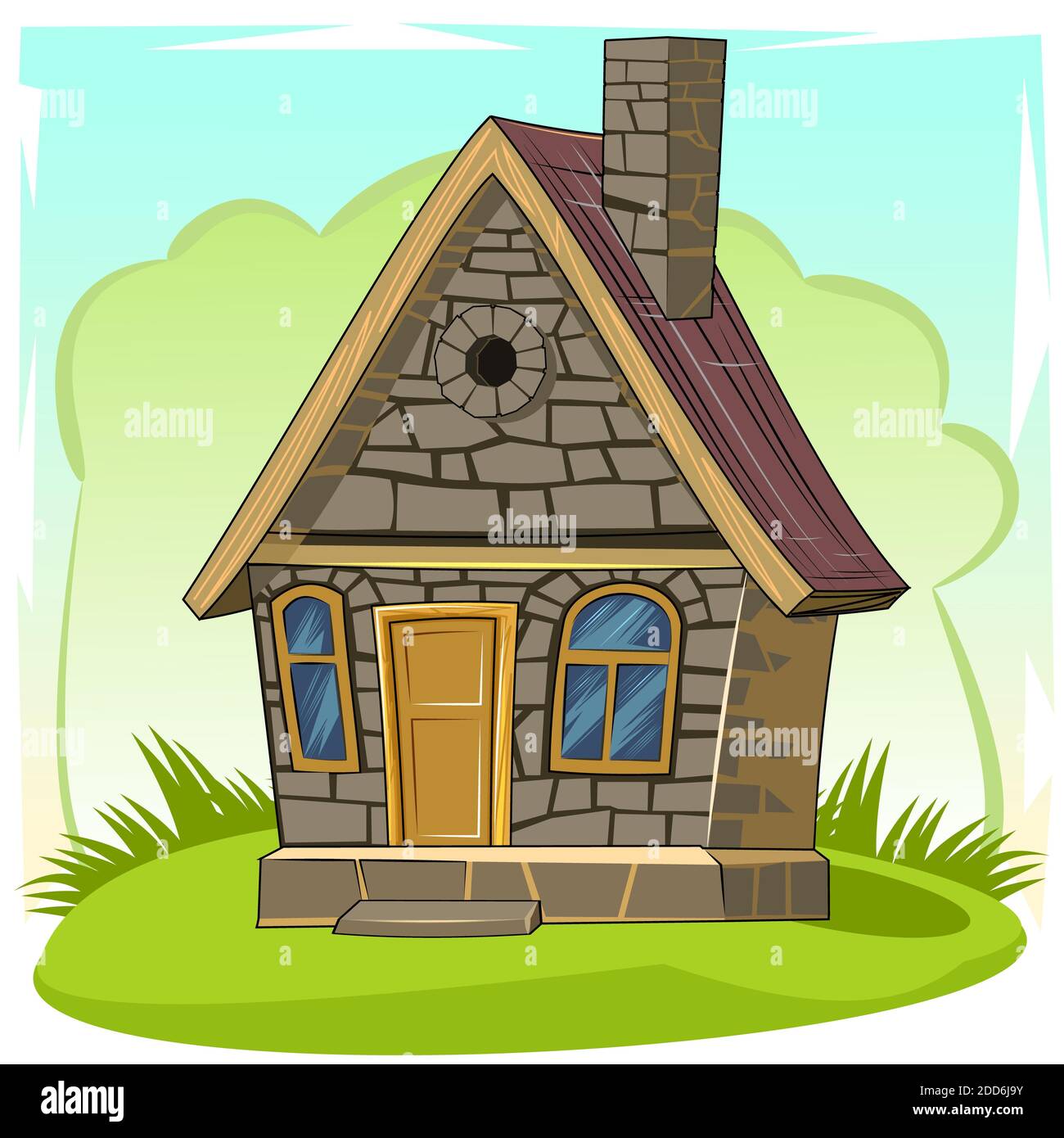 Steinhaus. Fabelhafte Cartoon-Objekt. Niedlicher Kinderstil. Eine alte Wohnung. Winzig, klein. Auf abstraktem Hintergrund. Stockfoto
