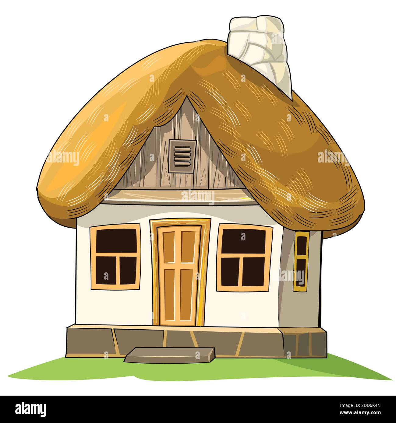 Ein altes Haus mit Reetdach. Fabelhafte Cartoon-Objekt. Niedlicher Kinderstil. Eine alte Wohnung. Winzig, klein. Isoliert auf Weiß. Stockfoto