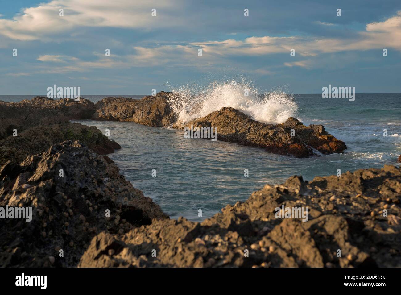 Stürmische Wellen schlagen auf Felsen bei Snapper Rocks, Queensland, Gold Coast, Australien Stockfoto