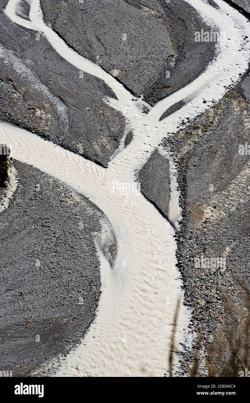 Luftaufnahme des gewundenen Waiau River, Canterbury Region, Südinsel, Neuseeland Stockfoto