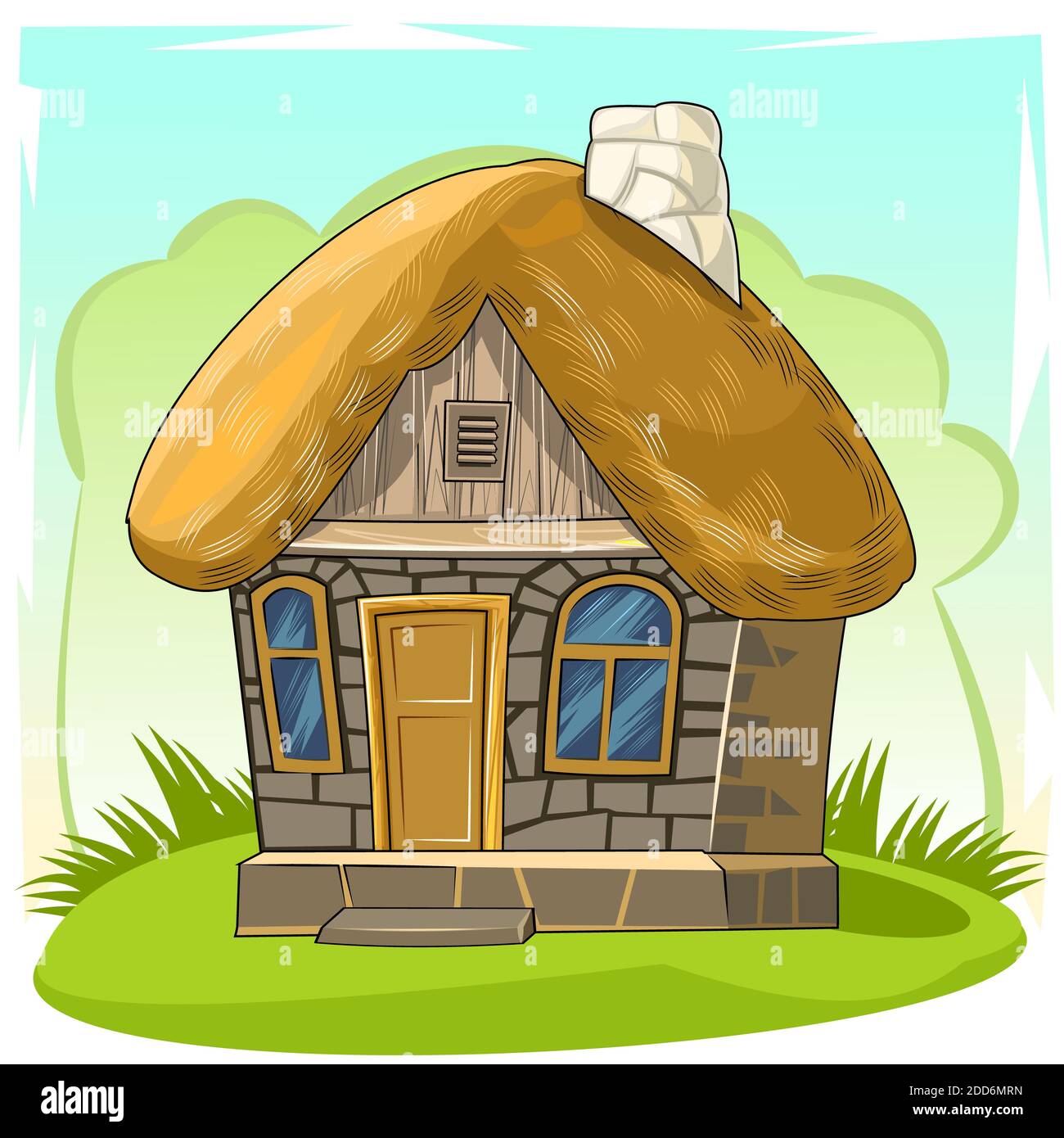 Altes Haus mit Strohdach. Fabelhafte Cartoon-Objekt. Niedlicher Kinderstil. Uralte Wohnung. Winzig, klein. Auf einem abstrakten Hintergrund. Stockfoto