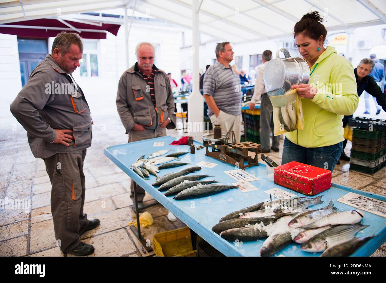 Split Fischmarkt, eine Dame verkauft Fisch an zwei kroatische Männer, Dalmatien, Kroatien Stockfoto