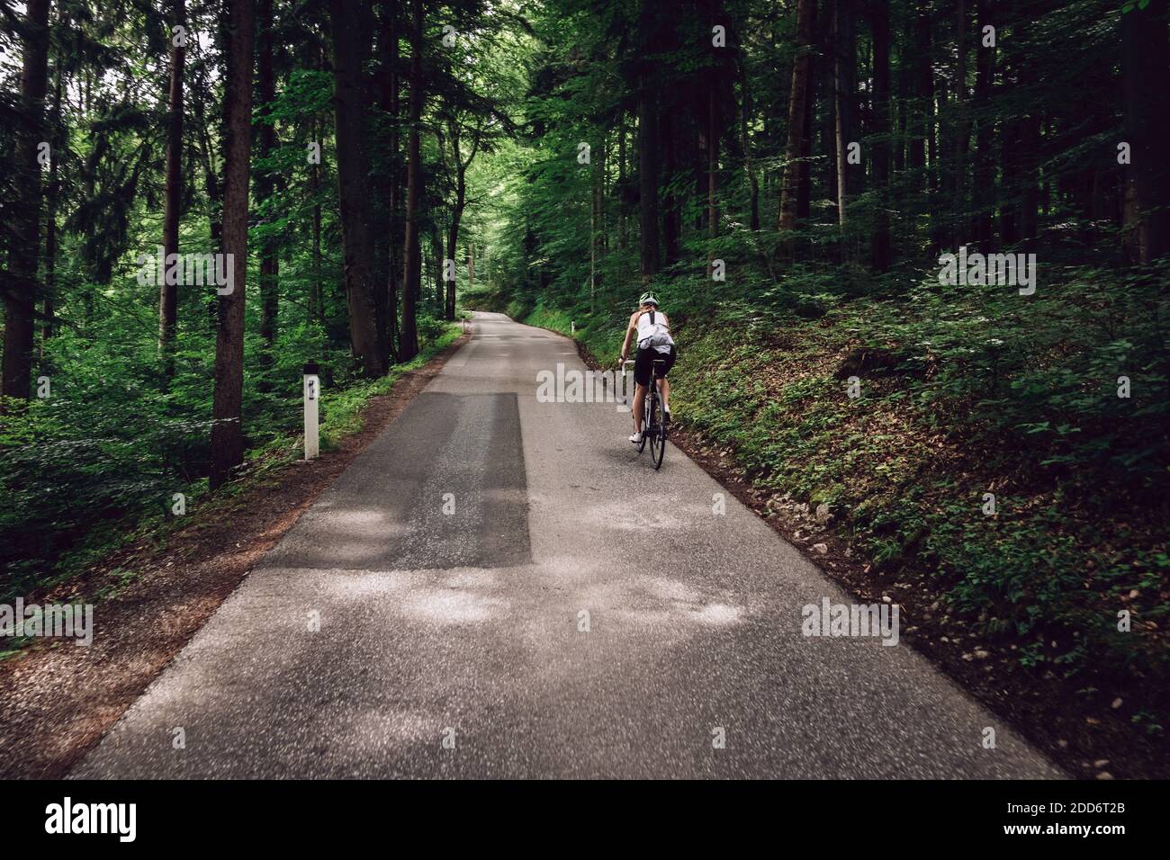 Eine Radfahrerin rast auf einer Forststraße bei Krispl, Österreich. Stockfoto