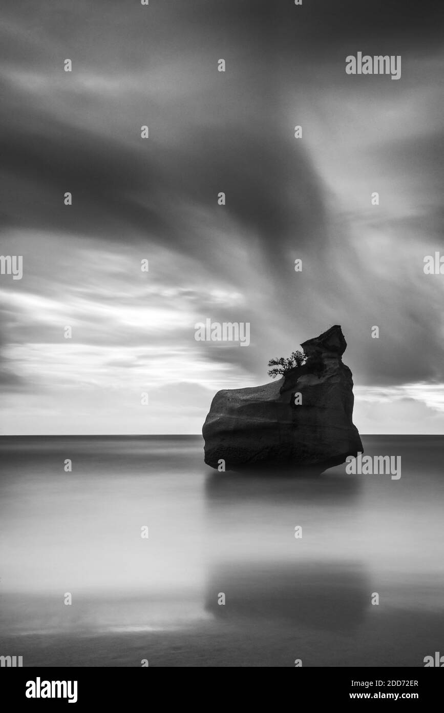 Schwarz-Weiß-Landschaftsfoto von Ozean und Felsformationen an der Küste am Cathedral Cove Beach, Coromandel Peninsula, Neuseeland North Island. Langzeitbelichtung Stockfoto