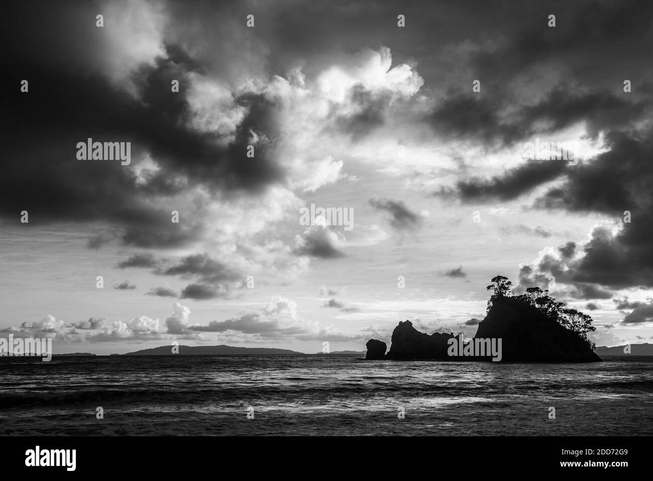 Pungapunga Island am Whangapoua Beach bei Sonnenaufgang, Coromandel Peninsula, Neuseeland North Island Stockfoto