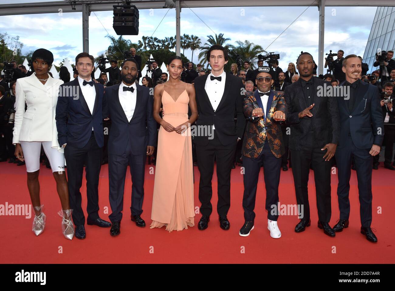 Damaris Lewis, Jasper Paakkonen, John David Washington, Laura Harrier, Topher Grace, Regisseur Spike Lee, Adam Driver und Corey Hawkins besuchen die Blackklansman-Vorführung, die am 14. Mai 2018 im Palais des Festivals in Cannes, Frankreich, im Rahmen der 71. Jährlichen Filmfestspiele von Cannes stattfand. Foto von Lionel Hahn/ABACAPRESS.COM Stockfoto