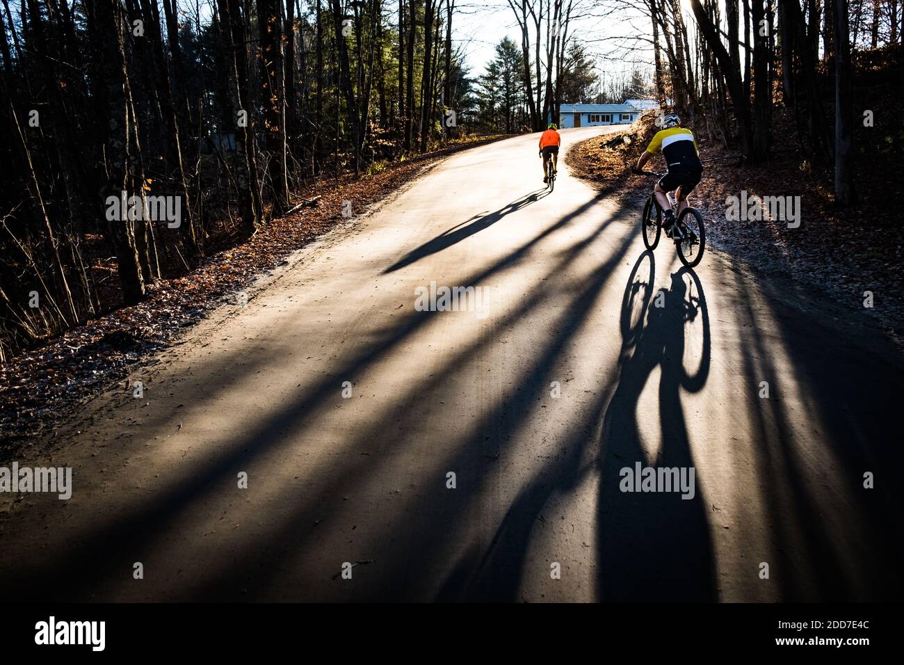 Fahrradfahrer werfen lange Schatten an einem Spätherbst (November) Tag, East Montpelier, VT, New England, USA. Stockfoto