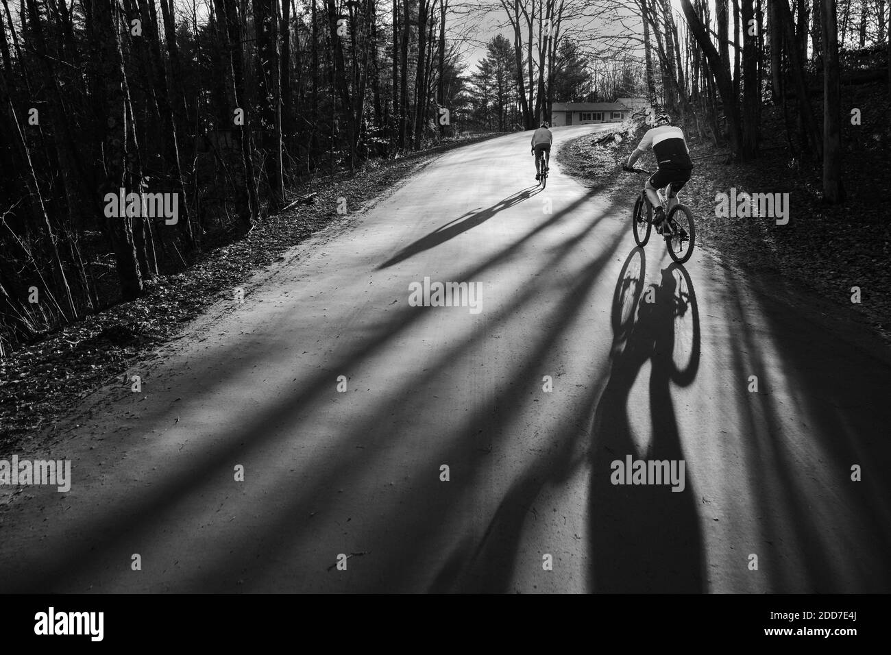 Fahrradfahrer werfen lange Schatten an einem Spätherbst (November) Tag, East Montpelier, VT, New England, USA. Stockfoto