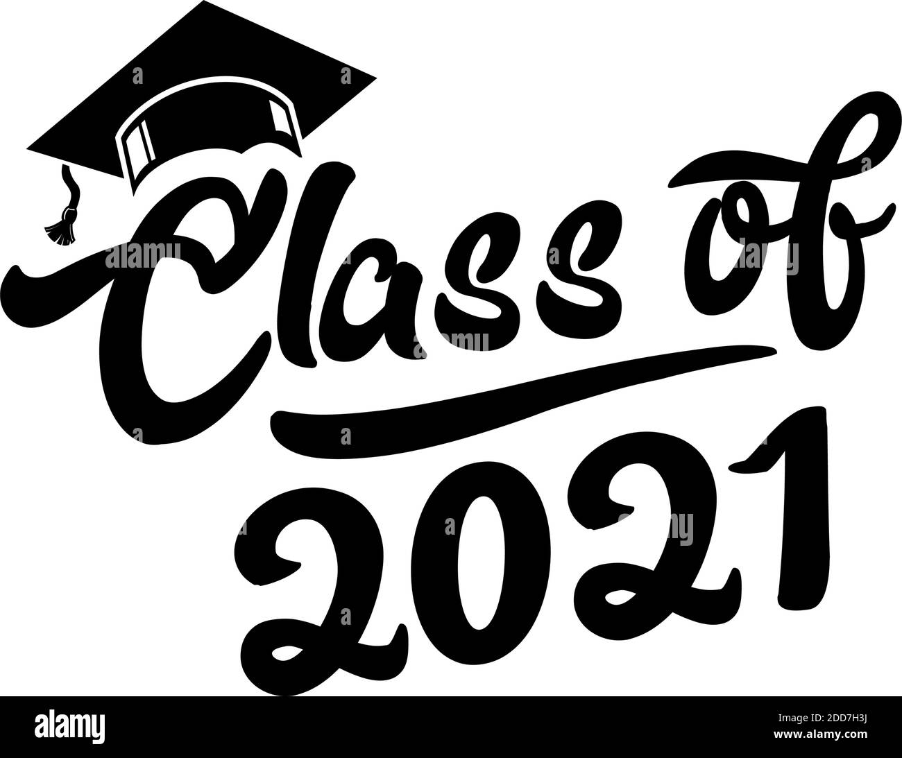 Lettering Klasse von 2021 für Grußansage, Einladungskarte. Logo Graduierung Design, Gratulation Veranstaltung, T-Shirt, Party, High School oder College-Absolvent. Stock Vektor