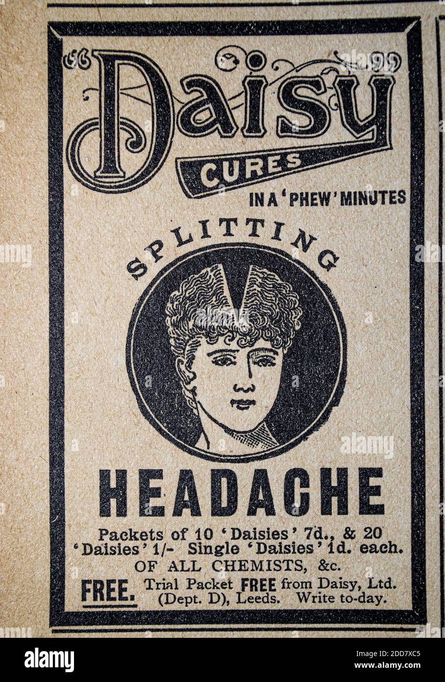 Daisy kuriert in einem "phew" Minuten Splitting Kopfschmerz Heilmittel Jahrgang werbung um 1905 Stockfoto