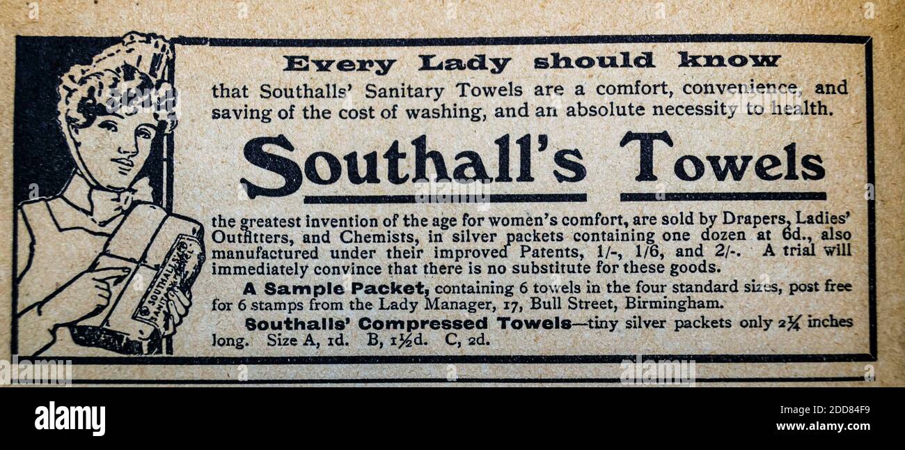 Southall's Sanitary Towels Vintage Werbung um 1905 Britisches Unternehmen, Bull Street, Birmingham Stockfoto