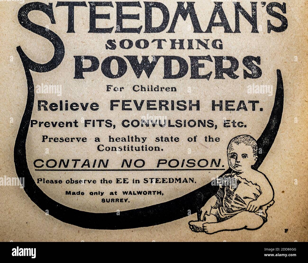 Steedman's Soothing Powders Vintage-Werbung um 1905 'enthält kein Gift' Britisch Stockfoto