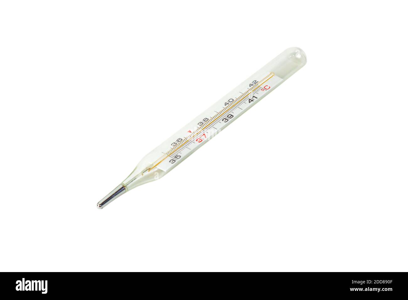 Medizinisches Quecksilberthermometer aus Glas liegt auf einem weißen, isolierten Hintergrund Stockfoto