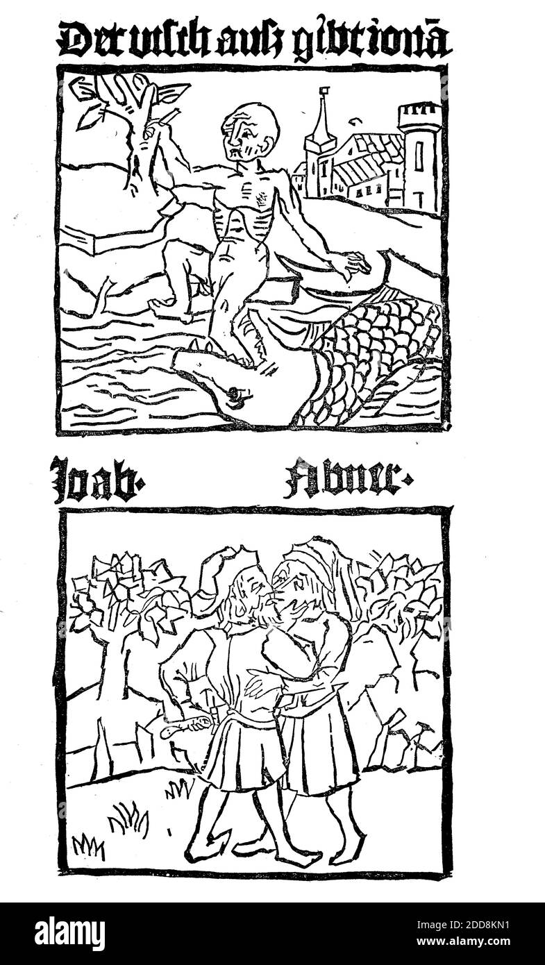 Faksimile von Bildcharakter und Schriftcharakter aus der armen bibel / Faksimile von Bildcharakter und Schriftcharakter aus der Armenbibel, Historisch, historisch, digital verbesserte Reproduktion eines Originals aus dem 19. Jahrhundert / digitale Reproduktion einer Originalvorlage aus dem 19. Jahrhundert, Stockfoto