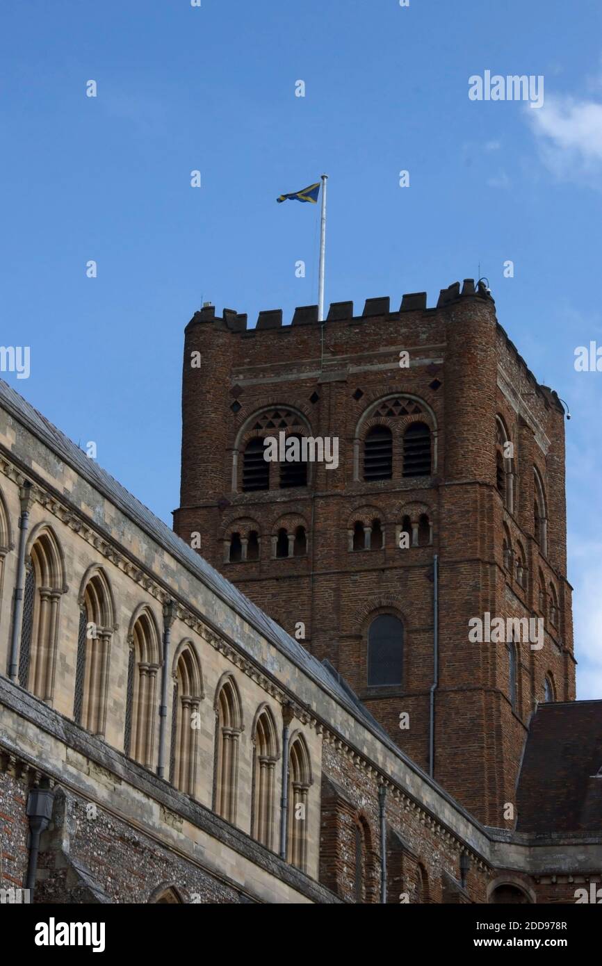 Detail der St Albans Kathedrale (die Kathedrale und Abteikirche von Saint Alban). St Albans, Hertfordshire, England, Großbritannien Stockfoto