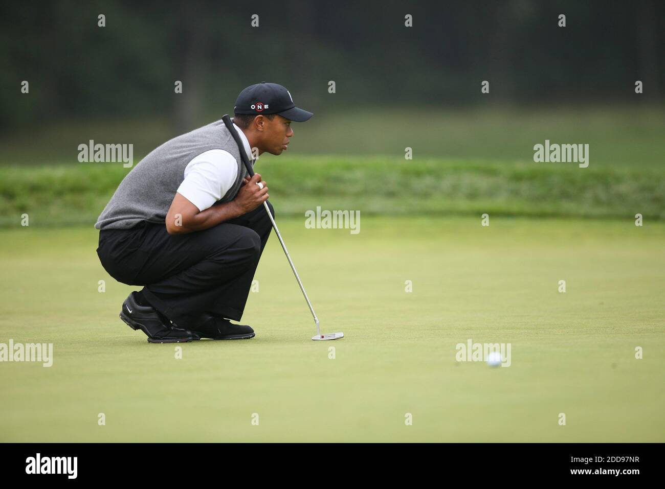 KEIN FILM, KEIN VIDEO, KEIN Fernsehen, KEIN DOKUMENTARFILM - Tiger Woods sieht seine Aufnahme auf dem neunten Grün bei den U.S. Open in Bethpage Black in Farmingdale, NY, USA am 19. Juni 2009. Foto von Ed Betz/Newsday/MCT/Cameleon/ABACAPRESS.COM Stockfoto