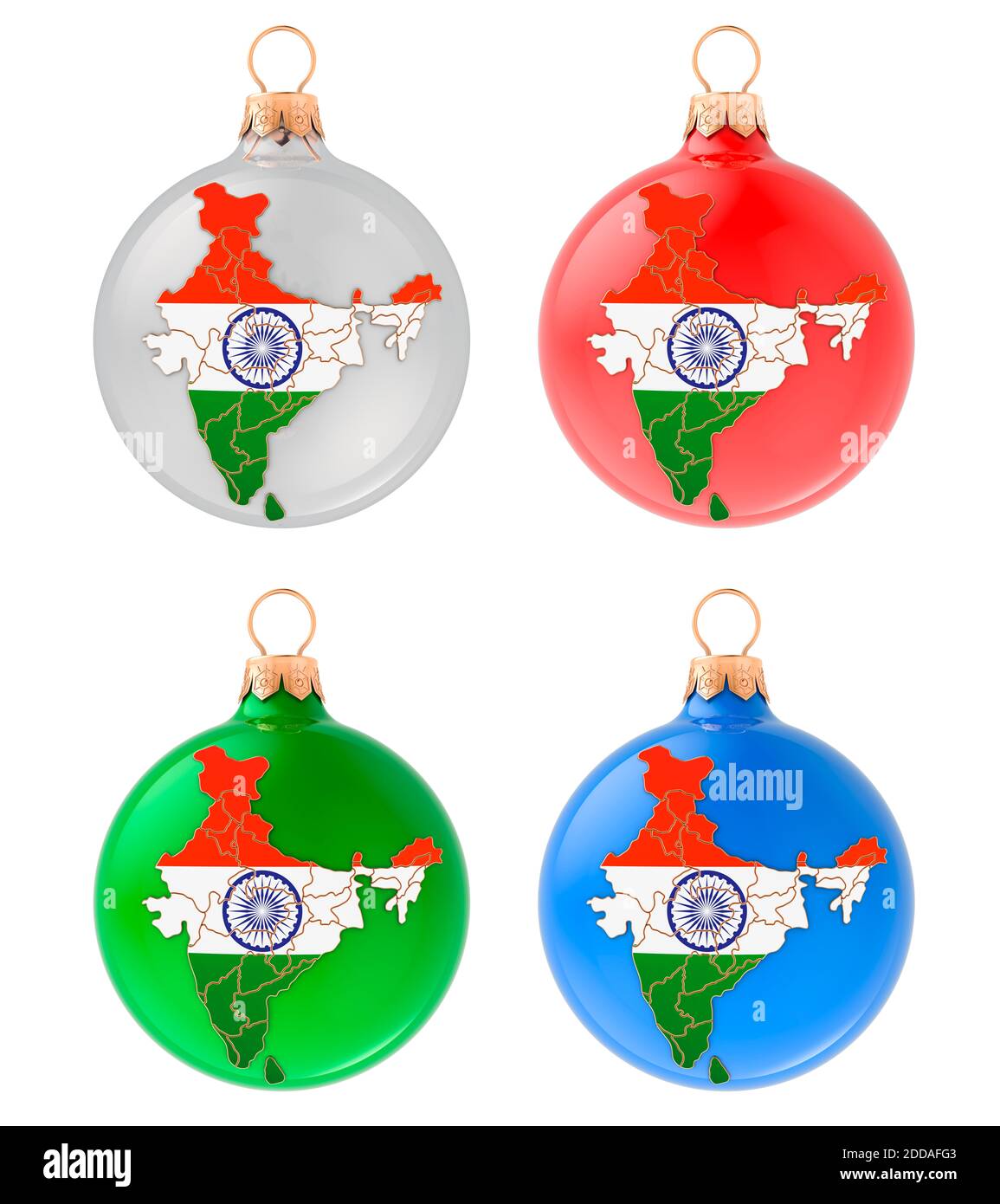 Weihnachtskugeln mit indischer Karte, 3D-Rendering isoliert auf weißem Hintergrund Stockfoto