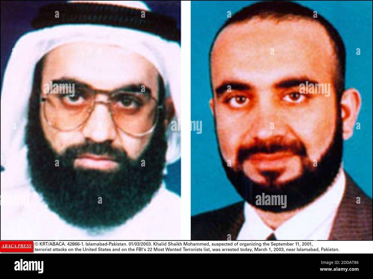 KEIN FILM, KEIN VIDEO, KEIN TV, KEIN DOKUMENTARFILM - © KRT/ABACA. 42866-1. Islamabad-Pakistan. 01/03/2003. Khalid Scheich Mohammed, der verdächtigt wurde, die Terroranschläge vom 11. September 2001 auf die Vereinigten Staaten und auf die Liste der 22 meistgesuchten Terroristen des FBI zu organisieren, wurde heute, am 1. März 2003, in der Nähe von I, verhaftet Stockfoto