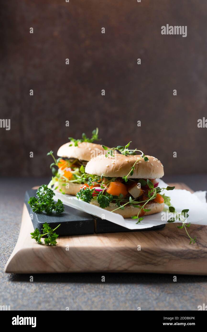 Veganer Burger mit Soja-Schnitzelstreifen, Paprika, Radieschen, Oregano und Salat Stockfoto
