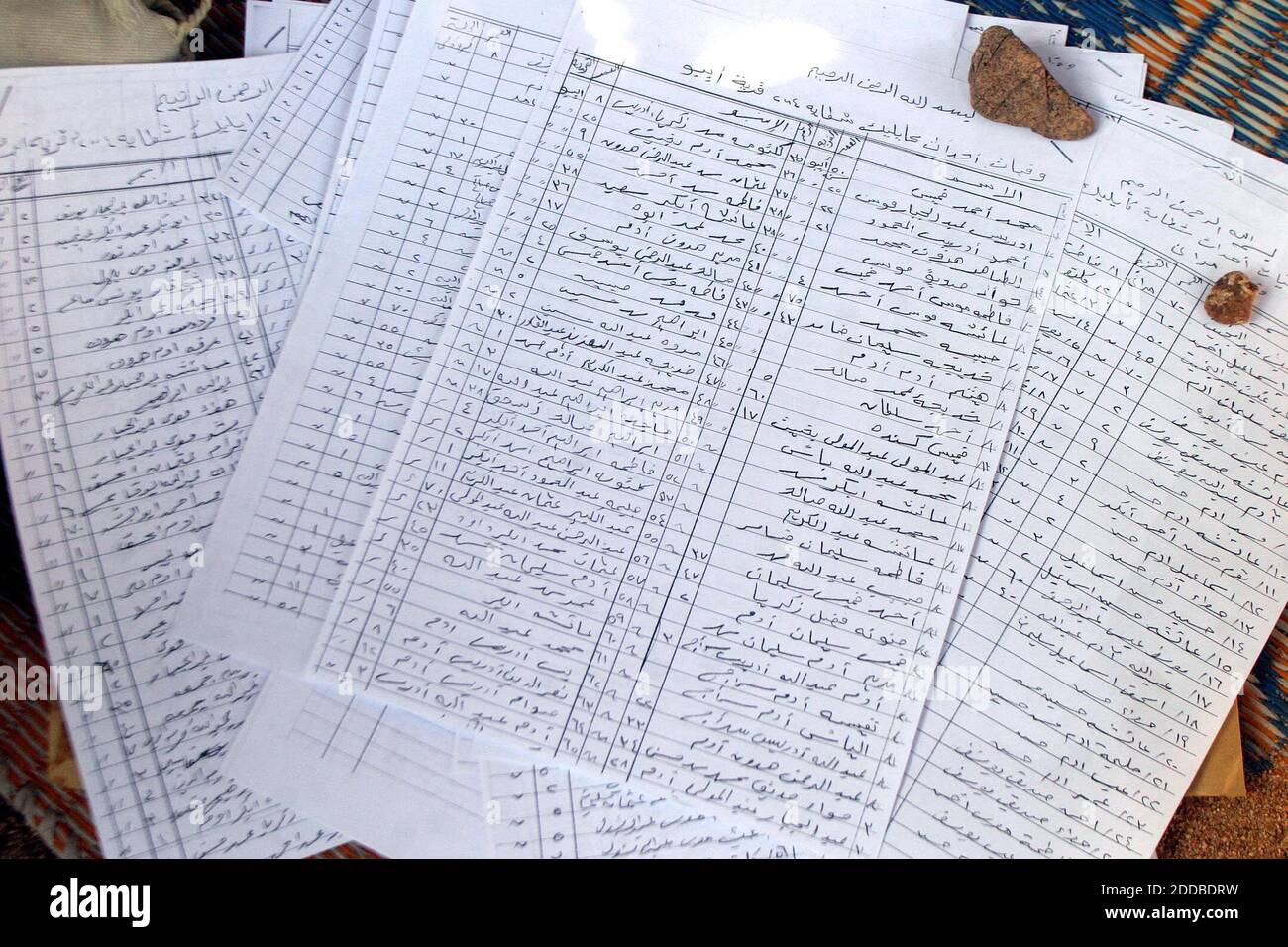 KEIN FILM, KEIN VIDEO, KEIN Fernsehen, KEIN DOKUMENTARFILM - Pelzälteste halten Aufzeichnungen über die Toten, Vergewaltigten und Verstümmelten von der Seige von Kailek. Kailek war im vergangenen Frühjahr zwei Monate lang unter Seige von regierungsfreundlichen Janjaweed-Milizen, die Hunderte töteten. Foto von Evelyn Hockstein/KRT/ABACA Stockfoto