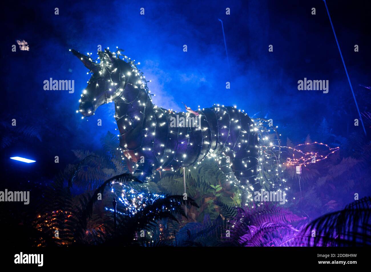 Madrid, Spanien. November 2020. Ein beleuchtetes Einhorn in der Lichtausstellung "Naturaleza Encendida" im Royal Botanical Garden als Teil der Weihnachtsbeleuchtung. Quelle: Marcos del Mazo/Alamy Live News Stockfoto