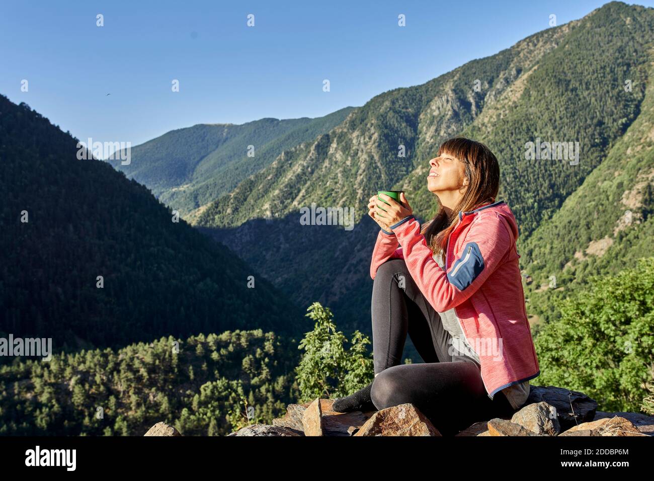 Mittlere Erwachsene Frau hält Kaffeetasse, während sie auf Stein sitzt Im Wald an sonnigen Tagen Stockfoto
