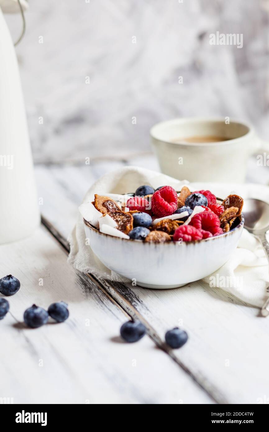 Schüssel mit hausgemachtem Getreide mit Kokosnuss, Himbeeren und Heidelbeeren Stockfoto