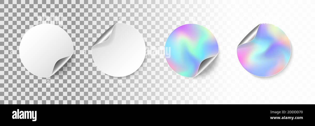 Runde leere Aufkleber mit gerollter Ecke und Schatten. Realistische weiße und schillernde Werbeetiketten mit gewellter Kante. Kleber Kreis Preis Stock Vektor