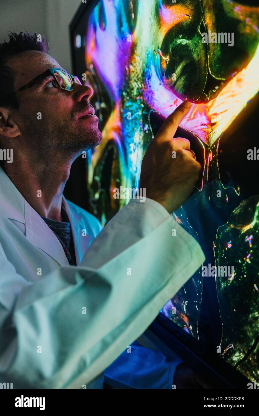 Männlicher Wissenschaftler, der auf die Projektion des menschlichen Gehirns mit dem Nerv zeigt Faseruntersuchungen im Labor Stockfoto