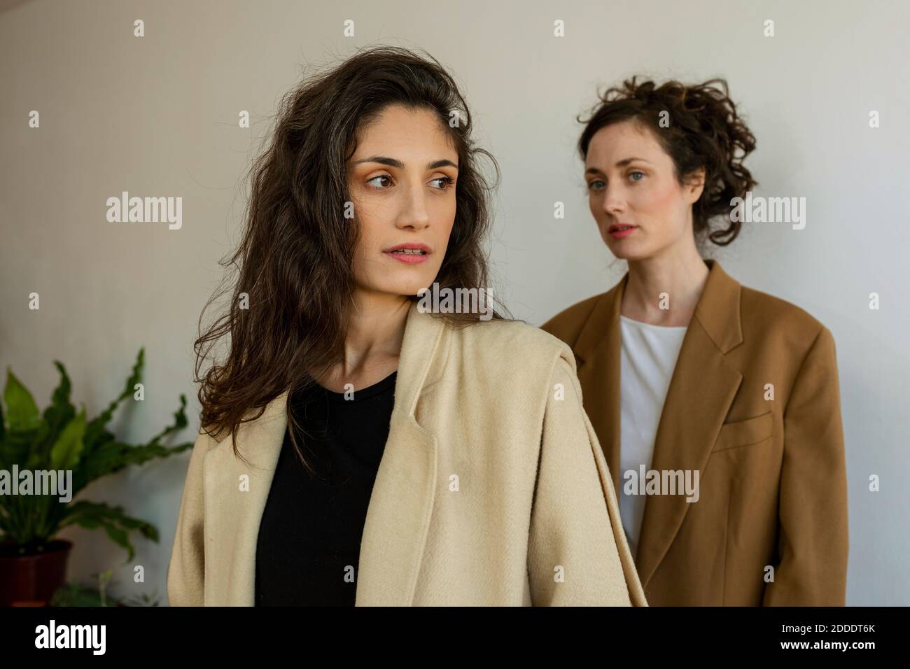 Schöne weibliche Models stehen zu Hause gegen die Wand Stockfoto