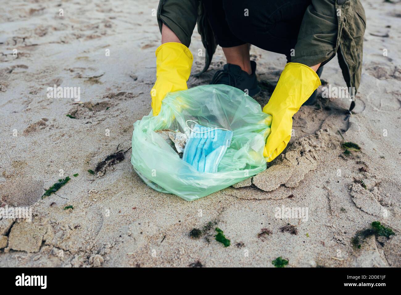 Frau sammelt Einweg-Gesichtsmaske in Müllbeutel während der Reinigung Strand Stockfoto