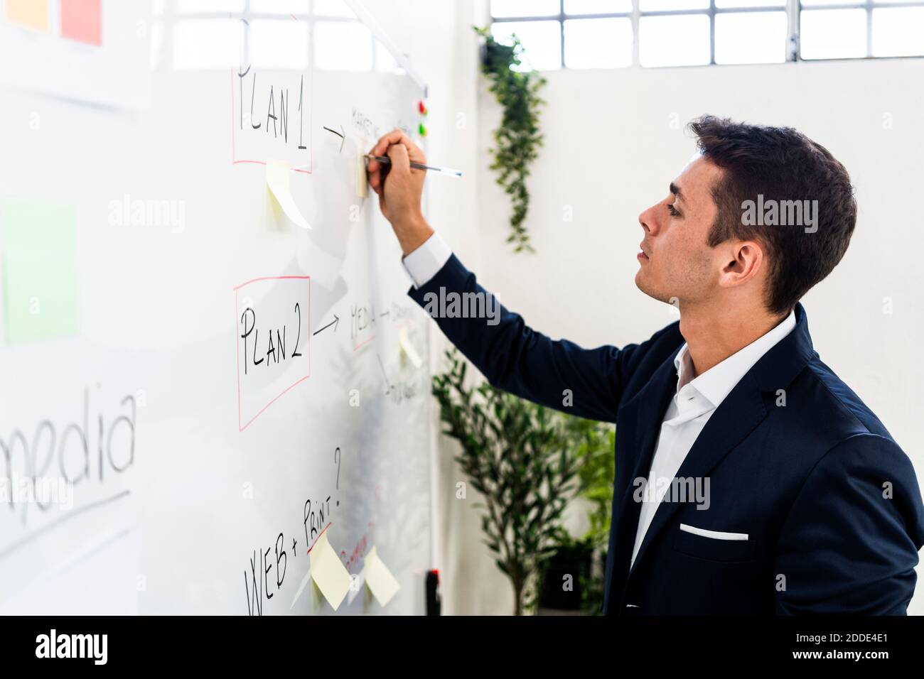 Handsome Unternehmer schriftlich Strategie auf Whiteboard, während Business-Plan Am kreativen Arbeitsplatz Stockfoto