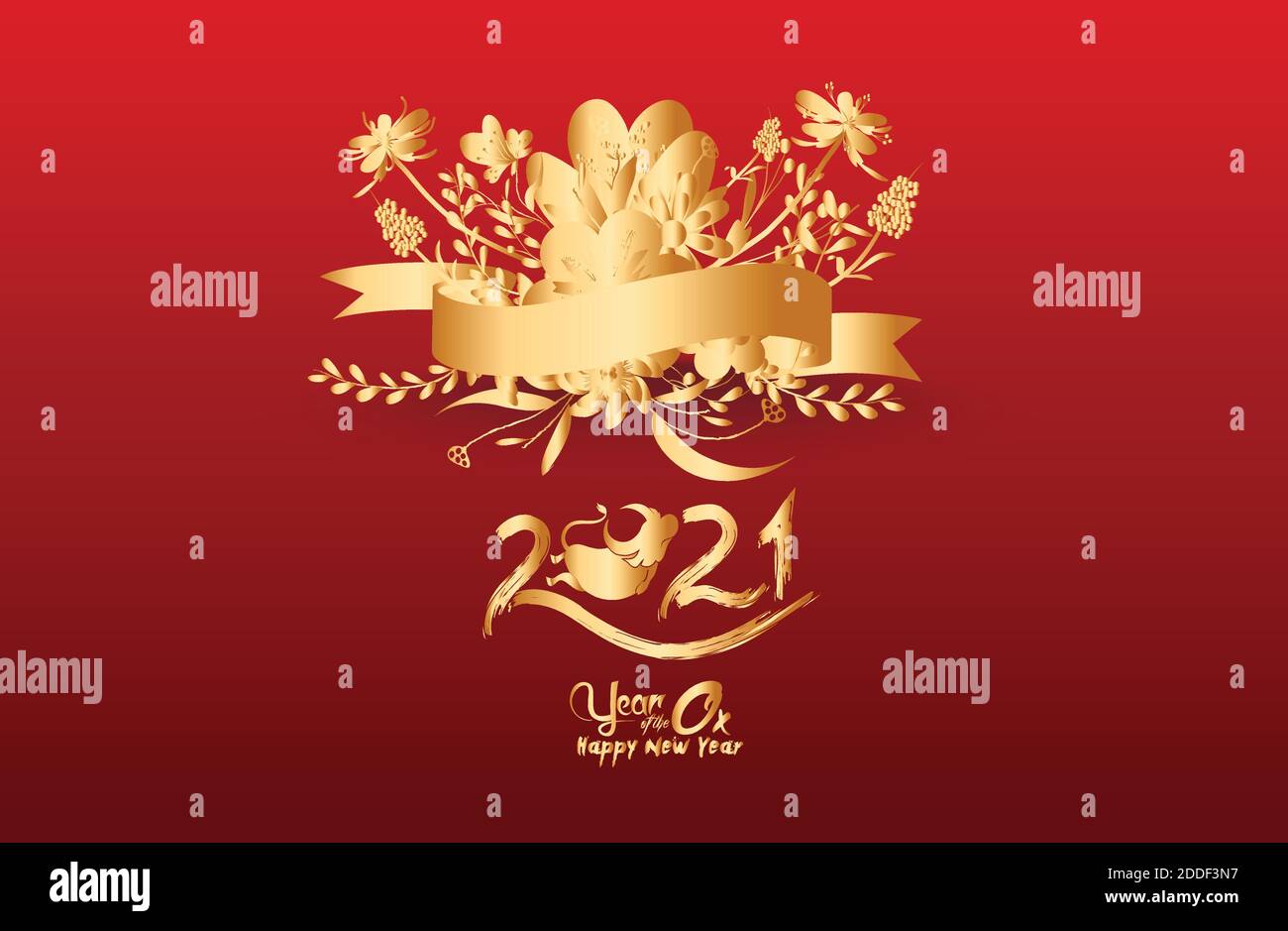 Frohes chinesisches neues Jahr 2021 des Ochsen. Gold Sternzeichen, Blumen und Gold Blume für Grußkarte, Einladung, Plakate, Broschüre, Kalender, Flyer, b Stock Vektor