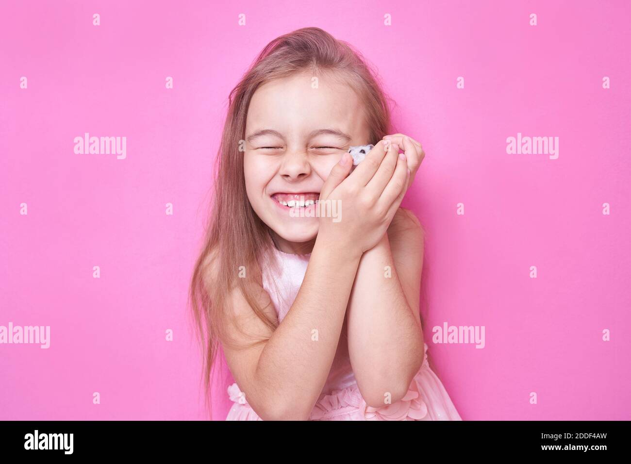 Ein schönes Mädchen in einem weichen rosa Kleid hält ein Dzungarian Hamster in ihren Händen und lächelt auf einem rosa Hintergrund Stockfoto
