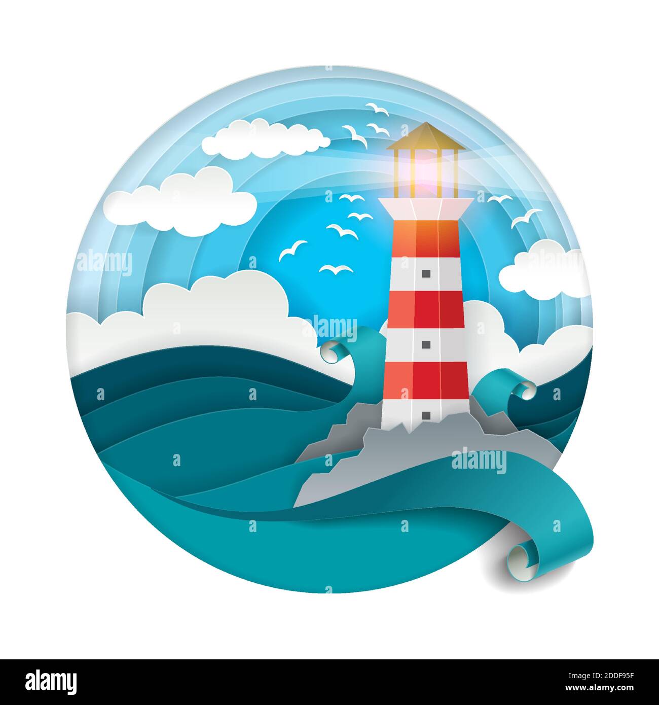 Leuchtturm zwischen tobenden Wellen Vektor-Illustration in Papierkunst-Stil Stock Vektor