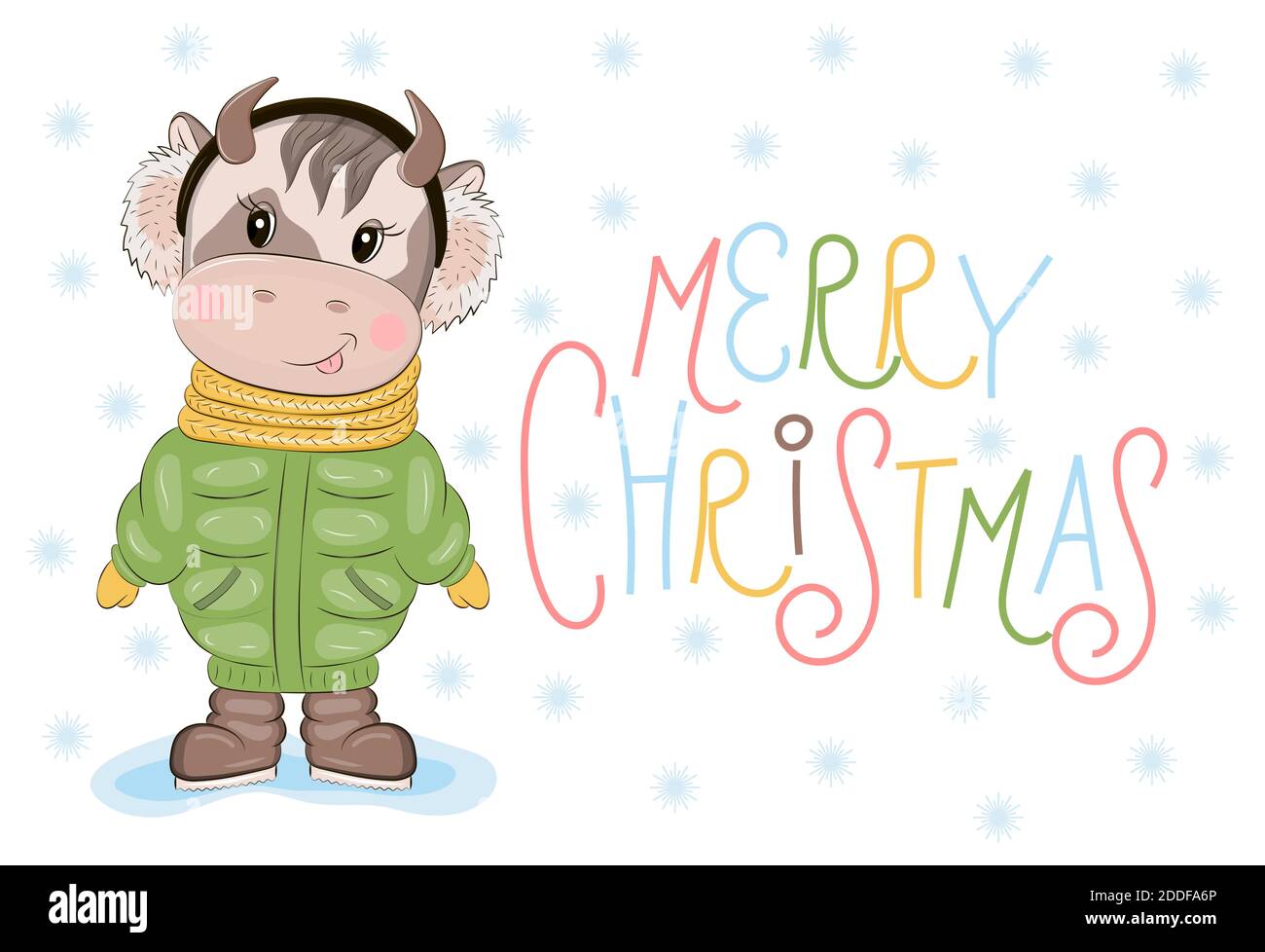 Cartoon Stier Vektor als 2021 Weihnachten, Neujahr Einladung. Niedliche Baby Kuh trägt grünen Mantel. Dunkle Stiefel. Poster, Aufkleber, Postkarte, T-Shirt illust Stock Vektor